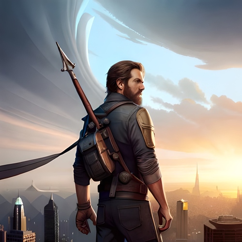Un héro de jeux vidéo, armé au-dessus d’une ville moderne